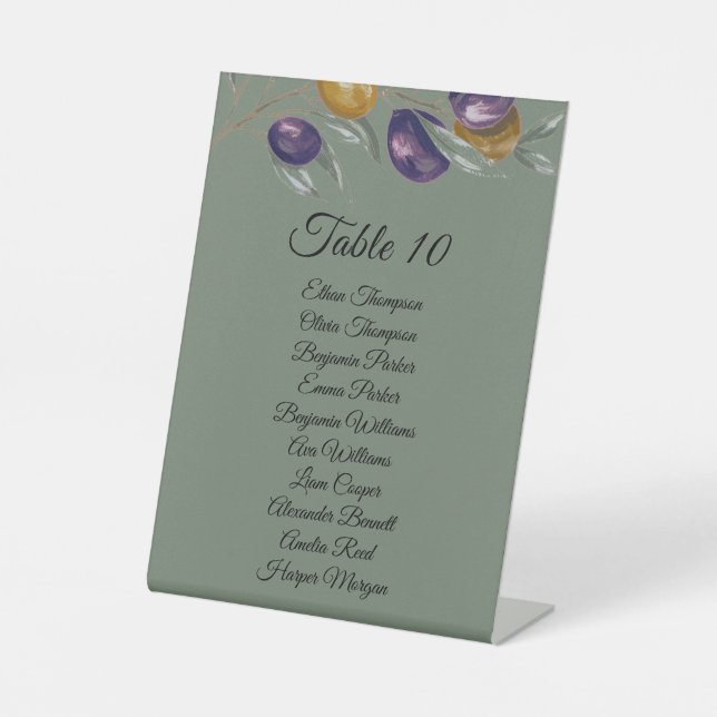 Eleganter Olive Green Wedding Table mit Namen Sockelschild (Vorderseite)