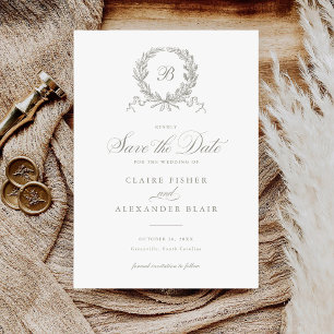 Eleganter Oliven-Eichen-Kranz Monogramm Save-the-D Einladung