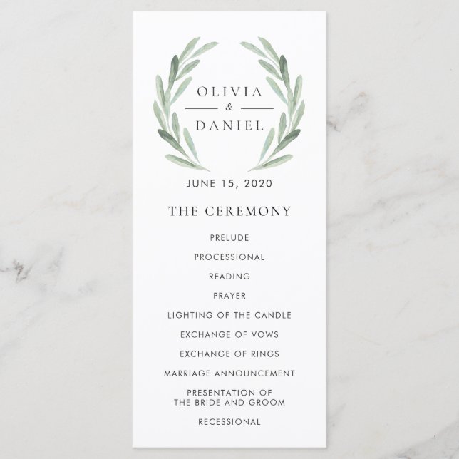 Eleganter Olivenzweigkranz Grüne Hochzeitsprogramm Programm (Vorderseite)