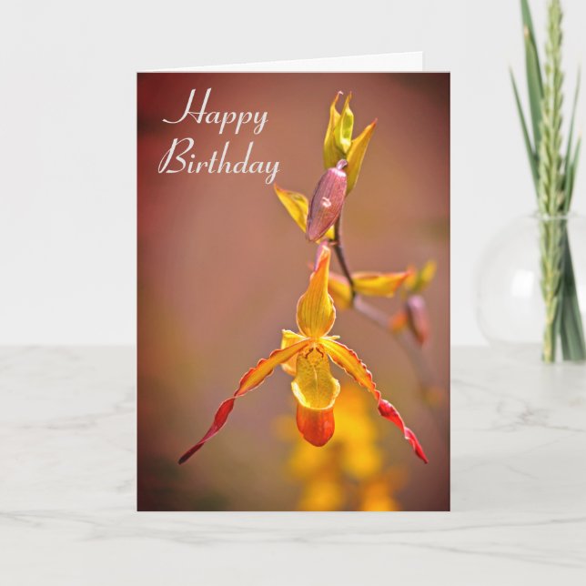 Eleganter Orange Gelb Orchid Blume Happy Birthday Karte (Vorderseite)