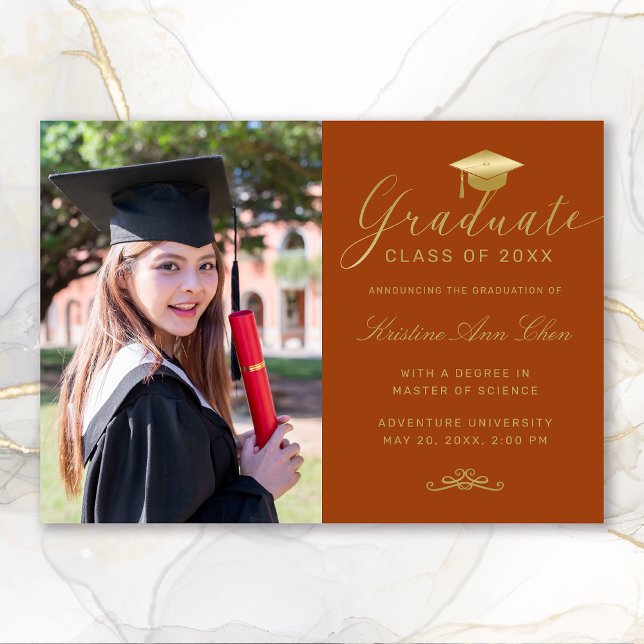 Eleganter Orange Gold Formal Script Foto Abschluss Ankündigung (Elegant Orange Gold Calligraphy Photo Graduation Announcement)