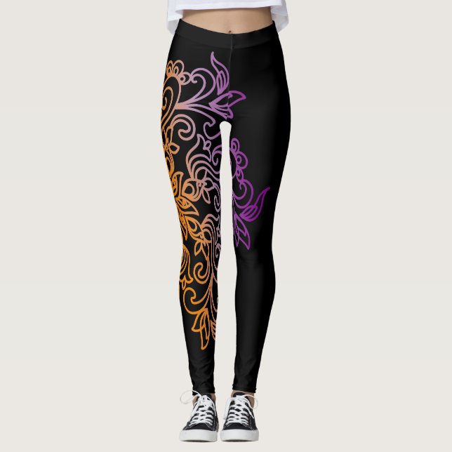 Eleganter orange lila Steigung Mandala Leggings (Vorderseite)