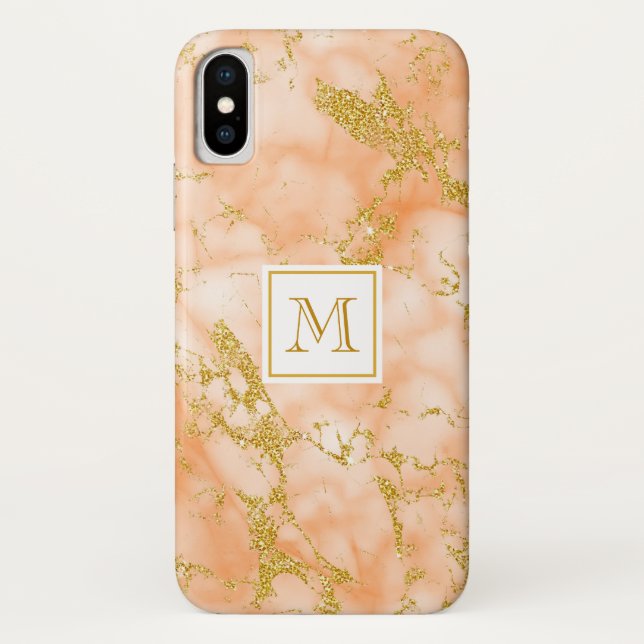 Eleganter Orange Marble Monogram Imitate Gold Glit Case-Mate iPhone Hülle (Rückseite)