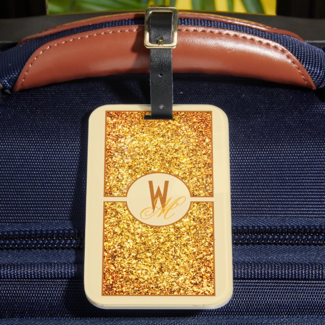 Eleganter orangefarbener Glitzer Mit Monogramm Gepäckanhänger (Vorderseite Insitu 2)