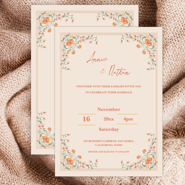 Eleganter orangefarbener Rahmen zum Hochzeitsempfa (Elegant Orange Floral Frame Wedding Invitation)