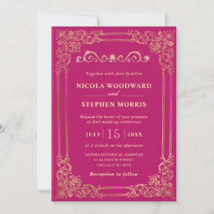 Eleganter Ornament Goldener Rahmen auf rosa Hochze Einladung