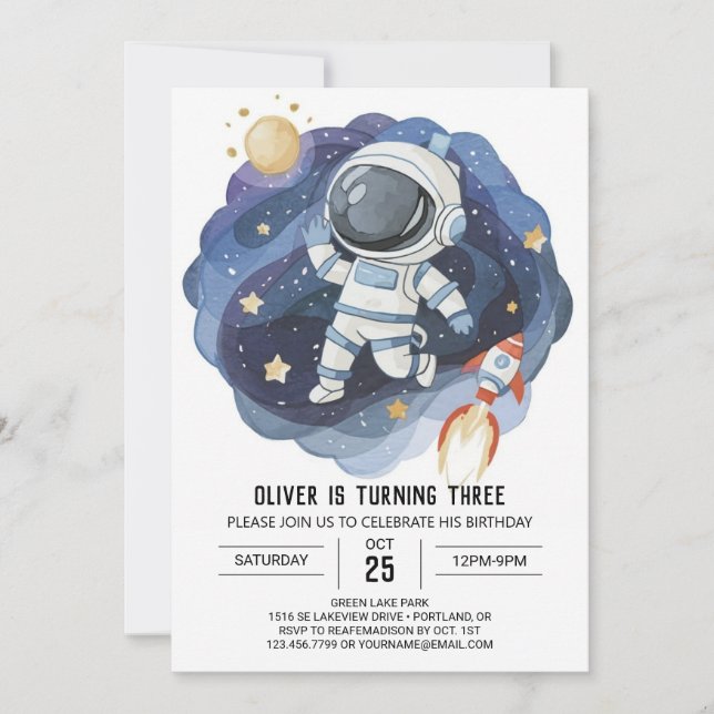 Eleganter Outerspace Kids Astronaut Boy Birthday Einladung (Vorderseite)