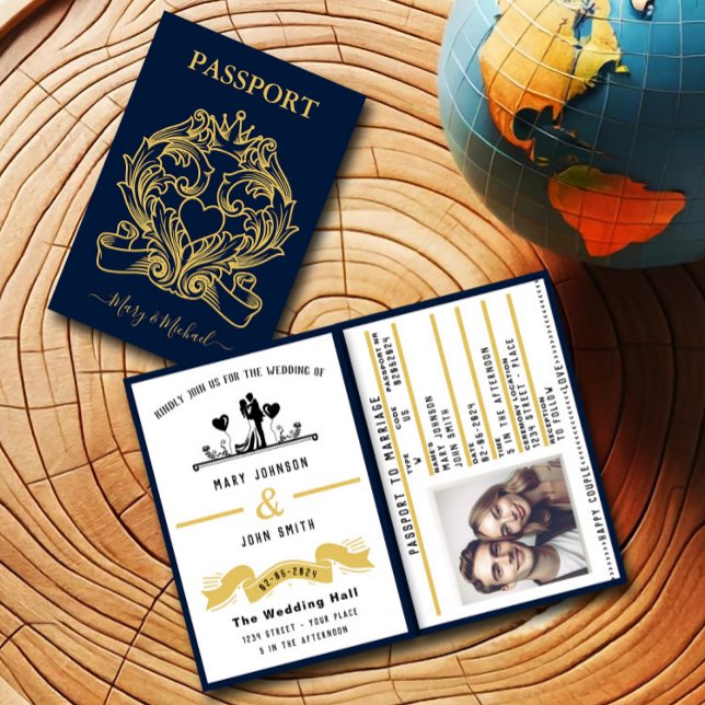 Eleganter Passport-Stil Hochzeit Einladung (Von Creator hochgeladen)