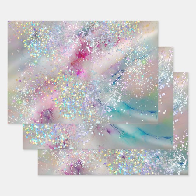 Eleganter Pastel Alcohol Ink Holographic Glitzer Geschenkpapier Set (Set)