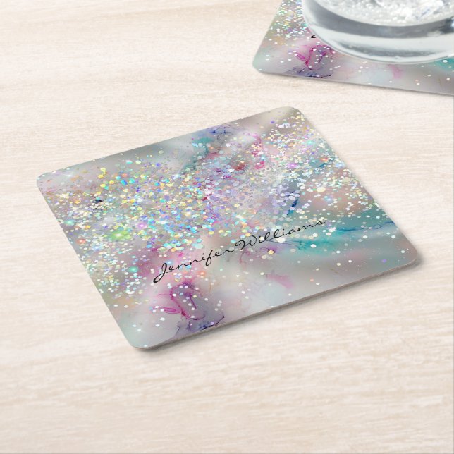 Eleganter Pastel Alcohol Ink Holographic Glitzer Rechteckiger Pappuntersetzer (angewinkelt)