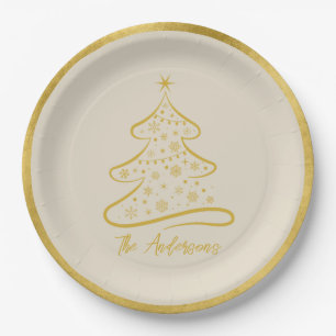 Eleganter Pastell-Knochen-Beige-Gold-Weihnachtsbau Pappteller