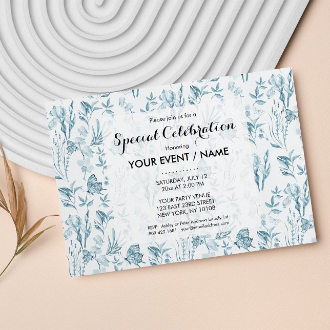 Eleganter pastellblauer Vintager Schmetterling Einladung (Elegant pastel blue vintage butterfly floral invitation)