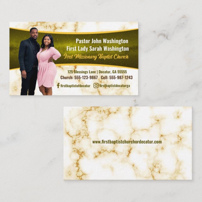 Eleganter Pastor und First Lady Marble Foto Church Visitenkarte (Vorne/Hinten)