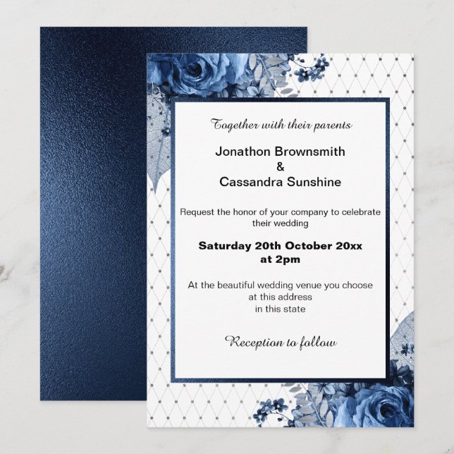 ELEGANTER PATTERN BOUQUET FLORAL NAVY WEDD EINLADUNG (Vorne/Hinten)
