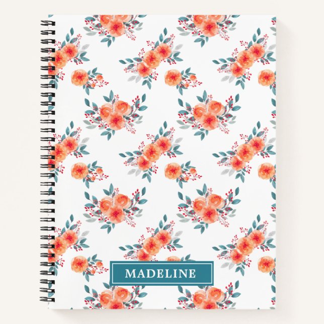 Eleganter Peach & Green Floral Personalisiert Notizbuch (Vorderseite)