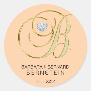 Eleganter Peach Mit Monogramm Letter B Herz Diamon Runder Aufkleber