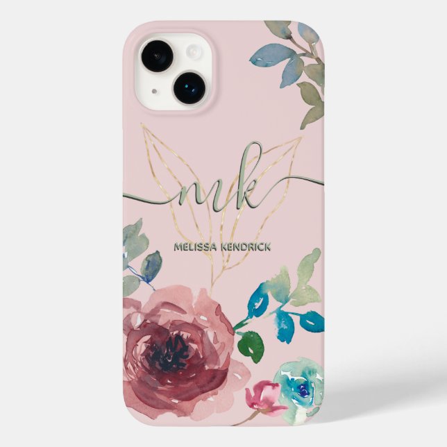 Eleganter Peach Pink Botanische Rose Monogramm Nam Case-Mate iPhone Hülle (Rückseite)