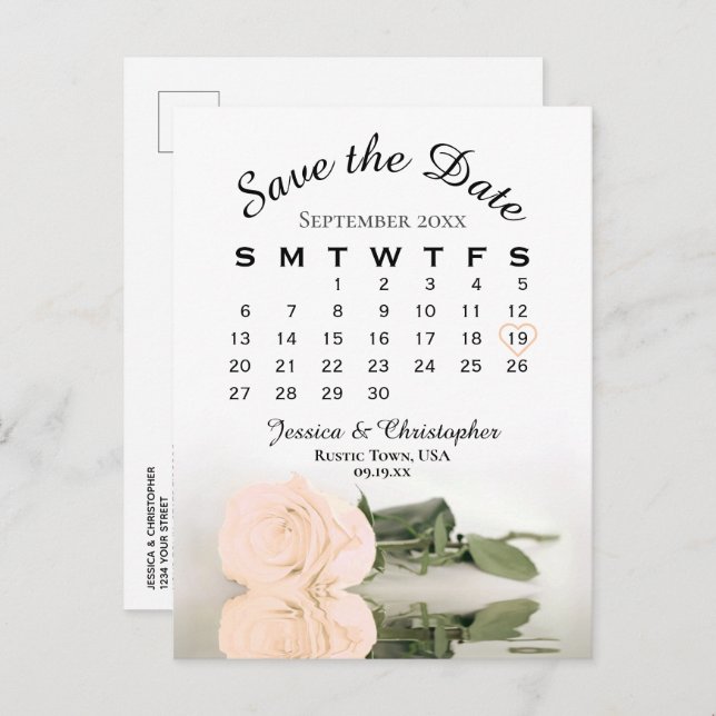 Eleganter Peach Rose Wedding Calendar Save the Dat Ankündigungspostkarte (Vorne/Hinten)
