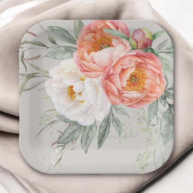 Eleganter Peach und Elfenbeinflora Pappteller (Available in 2 sizes: 7-inch diameter and 9-inch diameter.)