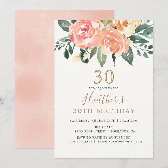 Eleganter Peach und Gold Floral 30. Geburtstag Einladung (Vorne/Hinten)