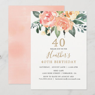 Eleganter Peach und Gold Floral 40. Geburtstag Einladung