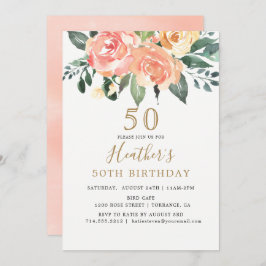 Eleganter Peach und Gold Floral 50. Geburtstag Einladung