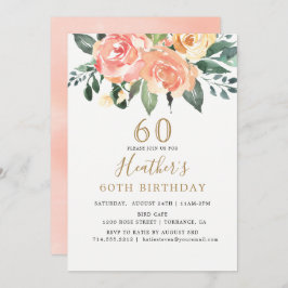 Eleganter Peach und Gold Floral 60. Geburtstag Einladung