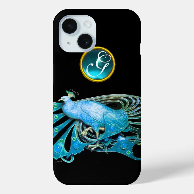 ELEGANTER PEACOCK IN BLAU, AQUAMARINMONOGRAMM Case-Mate iPhone HÜLLE (Rückseite)
