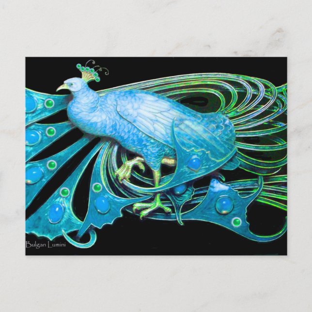ELEGANTER PEACOCK IN BLAU SCHWARZ AQUAMARIN POSTKARTE (Vorderseite)