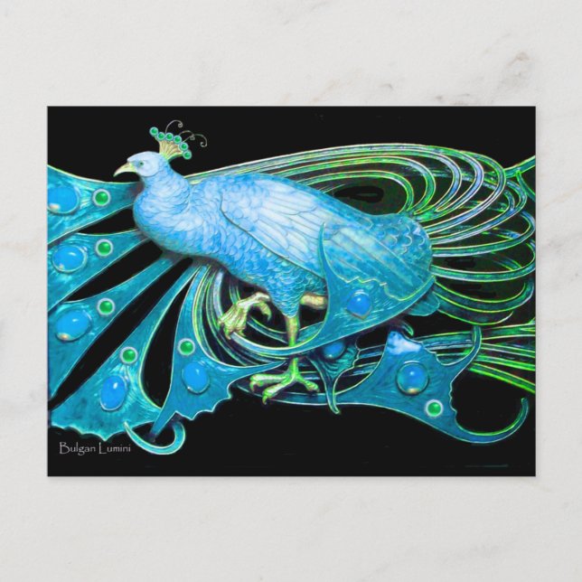 ELEGANTER PEACOCK IN BLAU SCHWARZ AQUAMARIN POSTKARTE (Vorderseite)