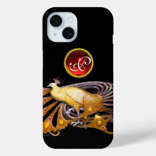 ELEGANTER PEACOCK IN GELB, RUBY MONOGRAM iPhone 15 HÜLLE