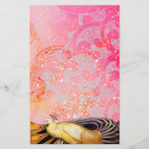 ELEGANTER PEACOCK IN GELBEN SPARKLING PINK FUCHSIA BRIEFPAPIER