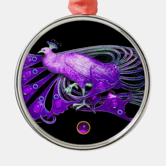 ELEGANTER PEACOCK IN LILA AMETHYST ORNAMENT AUS METALL (Vorne)