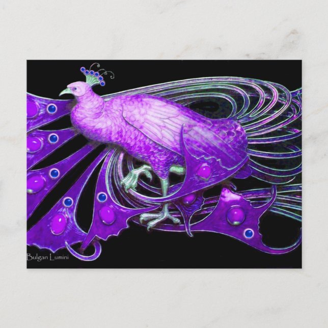 ELEGANTER PEACOCK IN LILA VIOLETTENSCHWARZE POSTKARTE (Vorderseite)