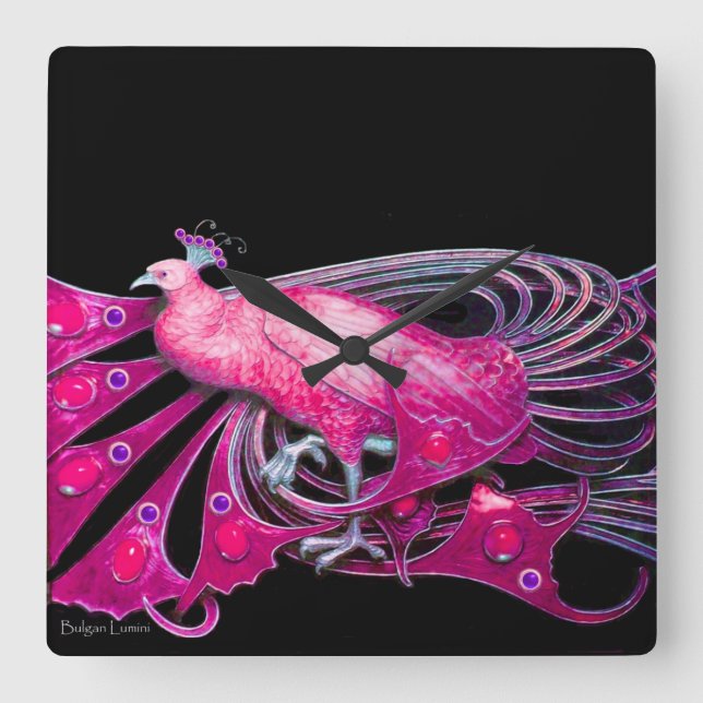 ELEGANTER PEACOCK IN PINK FUCHSIA UND SCHWARZ QUADRATISCHE WANDUHR (Vorderseite)