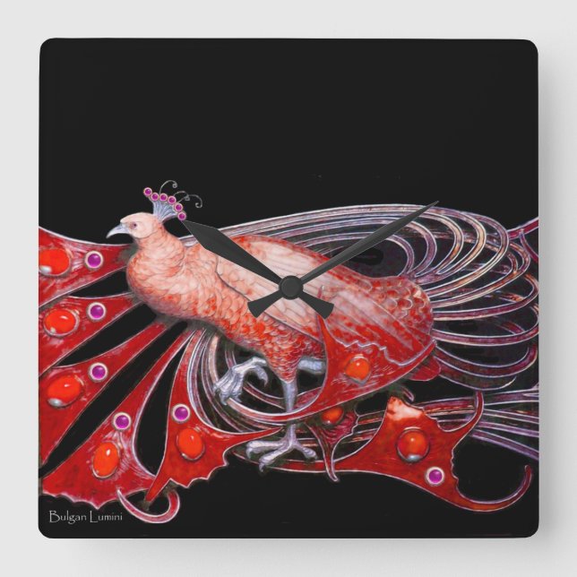 ELEGANTER PEACOCK IN ROT UND SCHWARZ QUADRATISCHE WANDUHR (Vorderseite)