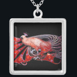 ELEGANTER PEACOCK IN ROT UND SCHWARZ VERSILBERTE KETTE<br><div class="desc">Farbiges und elegantes Design mit leuchtenden 3D-Edelsteinen Digitales Grafikdesign von Bulgan Lumini . Teil aus der neuen Kollektion ARCADIA .</div>
