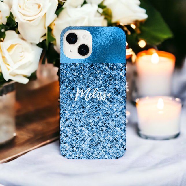 Eleganter Personalisierter Blue Glitzer Look Luxur iPhone Hülle (Von Creator hochgeladen)