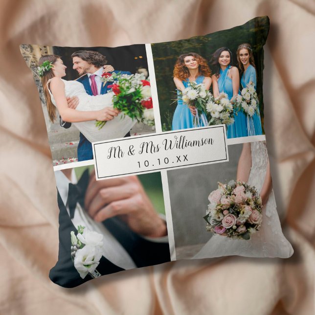 Eleganter Personalisierter Hochzeitstag FotoCollag Kissen (Von Creator hochgeladen)