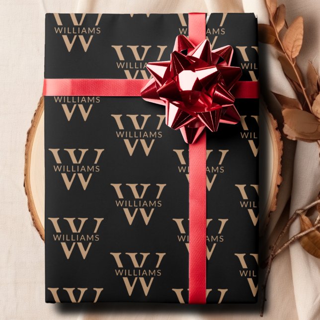 Eleganter Personalisierter Monogrammname Benutzerd Geschenkpapier (Elegant Personalized Monogram Name Custom Black Wrapping Paper)