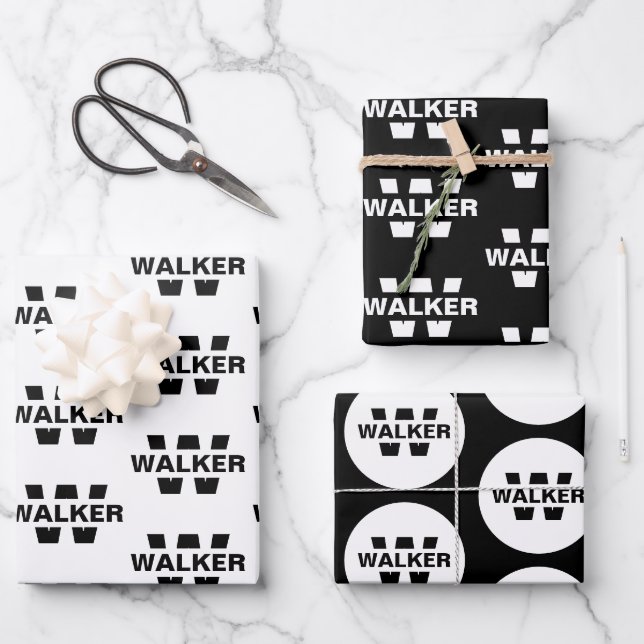 Eleganter Personalisierter Monogrammname Schwarz-w Geschenkpapier Set (Vorderseite)