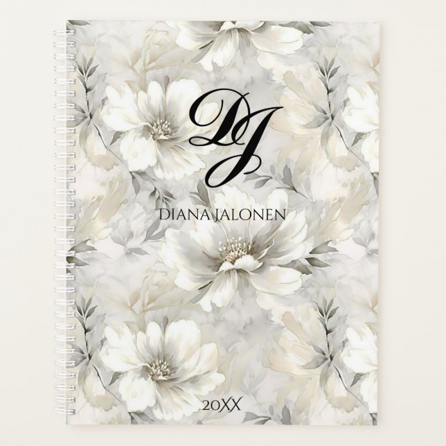 Eleganter Personalisierter Name der weißen Blume M Planer (Vorderseite)