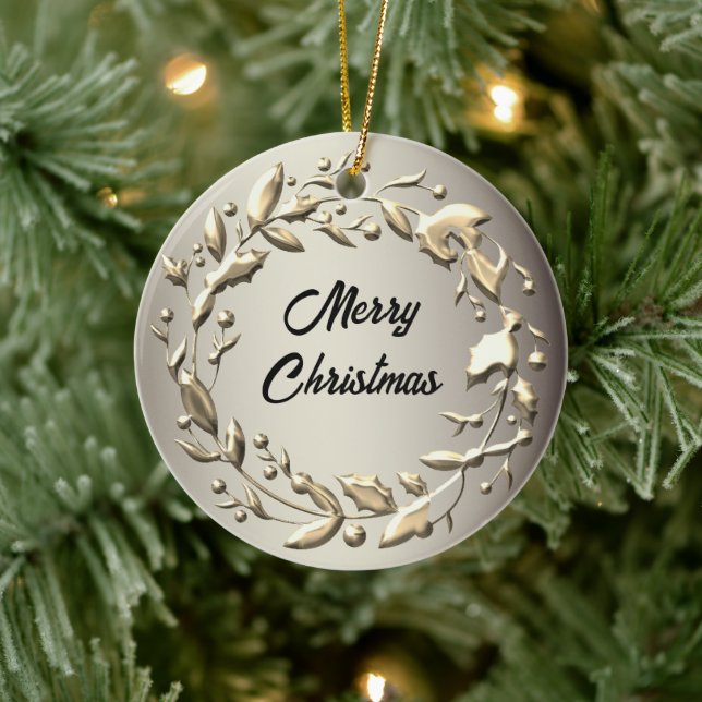 Eleganter Pewter und Blassgoldener Weihnachtskranz Keramik Ornament (Baum)