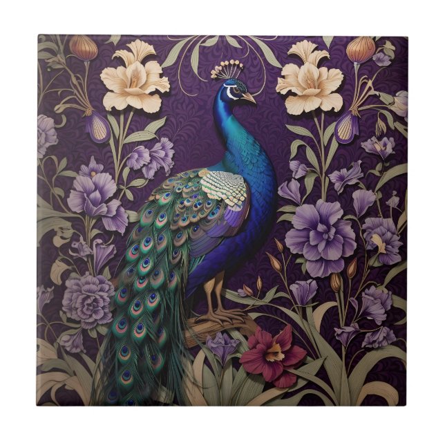 Eleganter Pfau Auf Lila William Morris Inspiriert Fliese (Vorderseite)