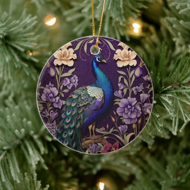 Eleganter Pfau Auf Lila William Morris Inspiriert Keramik Ornament (Baum)