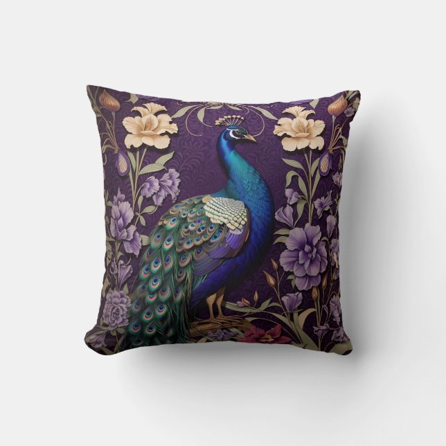 Eleganter Pfau Auf Lila William Morris Inspiriert Kissen (Vorderseite)
