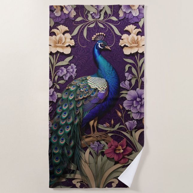 Eleganter Pfau Auf Lila William Morris Inspiriert Strandtuch (Vorderseite)