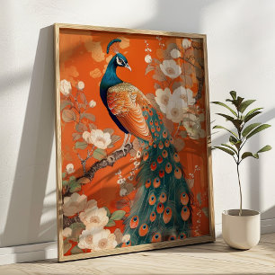 Eleganter Pfau auf Orange floralem Jugendstil Poster