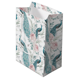 Eleganter Pfau Blumen Vintage (1) Mittlere Geschenktüte