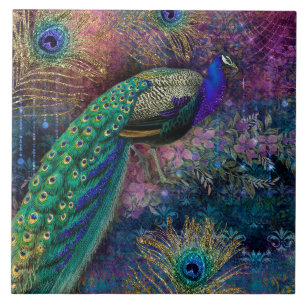 Eleganter Pfau & Federn Vintage Gold Glitter Fliese